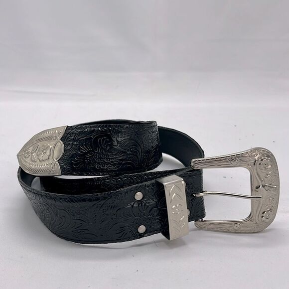 Accessories - Black and Silver Floral Bull Belt